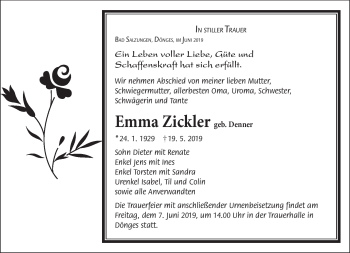 Traueranzeige von Emma Zickler von Südthüringer Presse