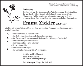 Traueranzeige von Emma Zickler von Südthüringer Presse