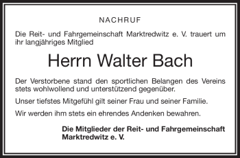 Traueranzeige von Walter Bach von Frankenpost