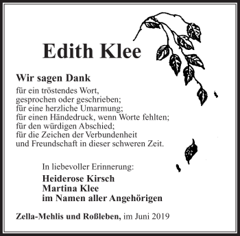 Traueranzeige von Edith Klee von Südthüringer Presse