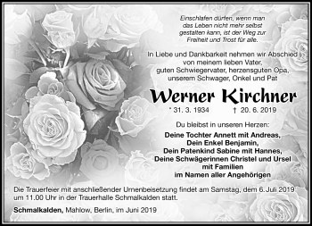 Traueranzeige von Werner Kirchner von Südthüringer Presse