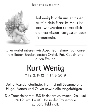 Traueranzeige von Kurt Wenig von Südthüringer Presse