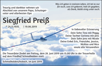 Traueranzeige von Siegfried Preiß von Südthüringer Presse