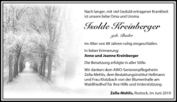 Traueranzeige von Isolde Kreinberger von Südthüringer Presse