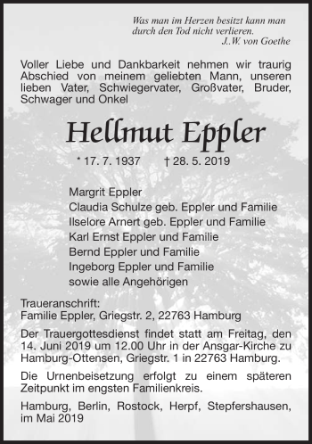 Traueranzeige von Hellmut Eppler von Südthüringer Presse