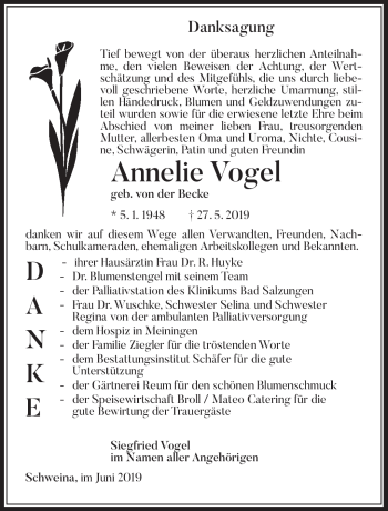 Traueranzeige von Annelie Vogel von Südthüringer Presse