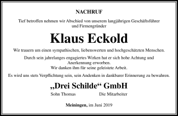Traueranzeige von Klaus Eckold von Südthüringer Presse