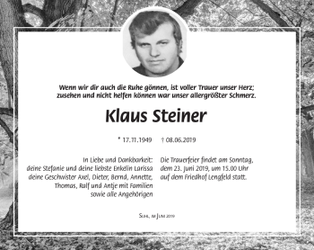 Traueranzeige von Klaus Steiner von Südthüringer Presse