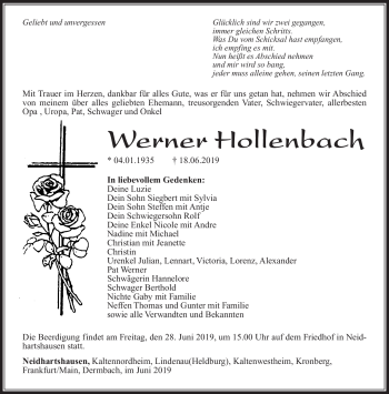 Traueranzeige von Werner Hollenbach von Südthüringer Presse
