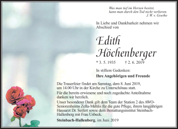 Traueranzeige von Edith Höchenberger von Südthüringer Presse