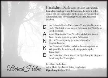 Traueranzeige von Bernd Helm von Südthüringer Presse