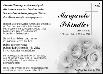 Traueranzeige von Margarete Schindler von Südthüringer Presse
