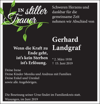Traueranzeige von Gerhard Landgraf von Südthüringer Presse
