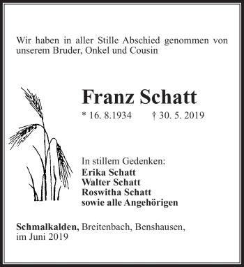 Traueranzeige von Franz Schatt von Südthüringer Presse