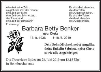 Traueranzeige von Barbara Benker von Frankenpost