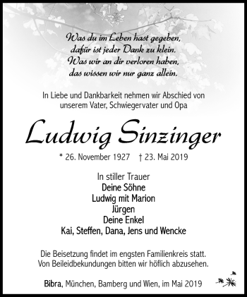 Traueranzeige von Ludwig Sinzinger von Südthüringer Presse