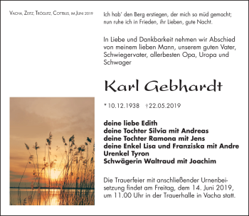 Traueranzeige von Karl Gebhardt von Südthüringer Presse