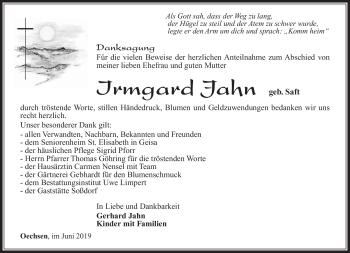Traueranzeige von Irmgard Jahn von Südthüringer Presse