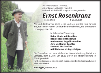 Traueranzeige von Ersnt Rosenkranz von Südthüringer Presse