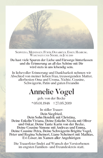 Traueranzeige von Annelie Vogel von Südthüringer Presse