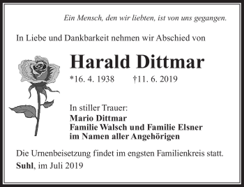Traueranzeige von Harald Dittmar von Südthüringer Presse