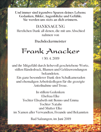 Traueranzeige von Frank Anacker von Südthüringer Presse