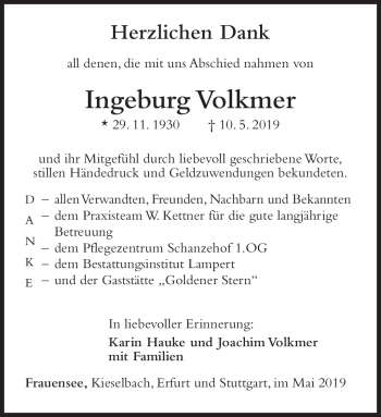 Traueranzeige von Ingeburg Volkmer von Südthüringer Presse