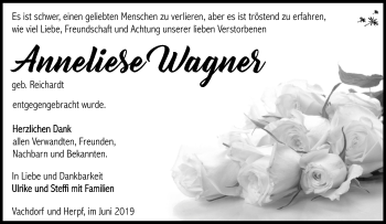 Traueranzeige von Anneliese Wagner von Südthüringer Presse