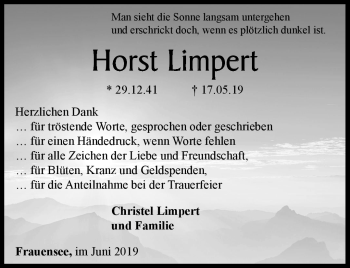 Traueranzeige von Horst Limpert von Südthüringer Presse