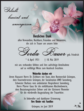 Traueranzeige von Gerda Bauer von Südthüringer Presse