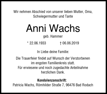 Traueranzeige von Anni Wachs von Neue Presse Coburg