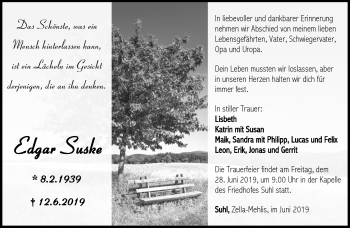 Traueranzeige von Edgar s Suske von Südthüringer Presse