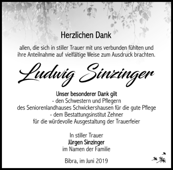 Traueranzeige von Ludwig Sinzinger von Südthüringer Presse