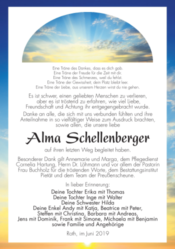 Traueranzeige von Alma Schellenberger von Südthüringer Presse