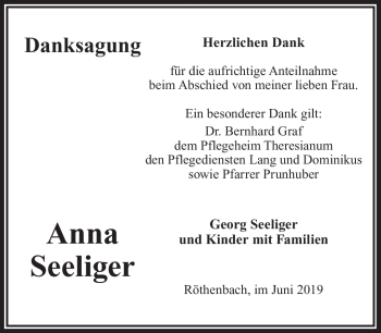 Traueranzeige von Anna Seeliger von Frankenpost