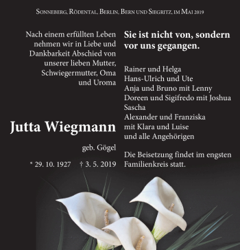 Traueranzeige von Jutta Wiegmann von Südthüringer Presse