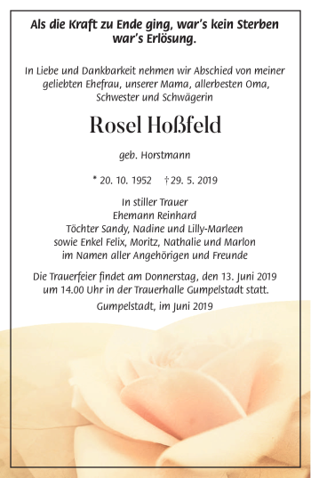 Traueranzeige von Rosel Hoßfeld von Südthüringer Presse