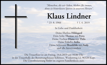 Traueranzeige von Klaus Lindner von Neue Presse Coburg