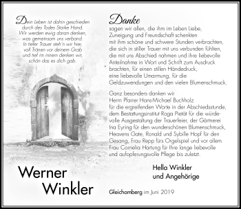 Traueranzeige von Werner Winkler von Südthüringer Presse