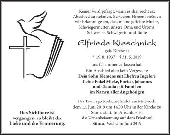 Traueranzeige von Elfriede Kieschnick von Südthüringer Presse