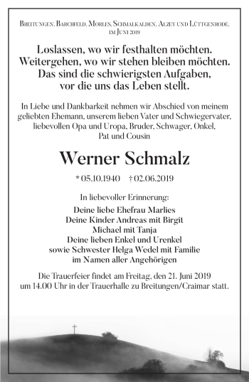 Traueranzeige von Werner Schmalz von Südthüringer Presse