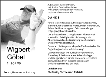 Traueranzeige von Wigbert Göbel von Südthüringer Presse