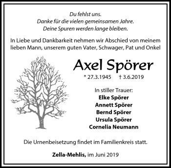 Traueranzeige von Axel Spörer von Südthüringer Presse