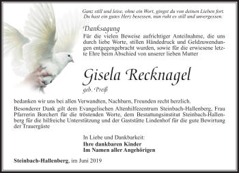 Traueranzeige von Gisela Recknagel von Südthüringer Presse