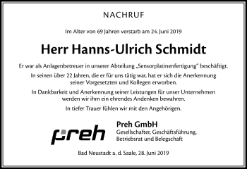 Traueranzeige von Hans-Ulrich Schmidt von Südthüringer Presse
