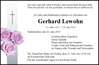 Traueranzeige von Gerhard Lewohn von Frankenpost