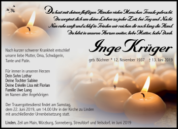 Traueranzeige von Inge Krüger von Südthüringer Presse