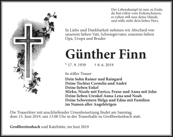 Traueranzeige von Günther Finn von Südthüringer Presse