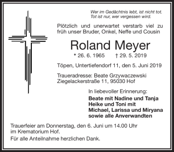 Traueranzeige von Roland Meyer von Frankenpost