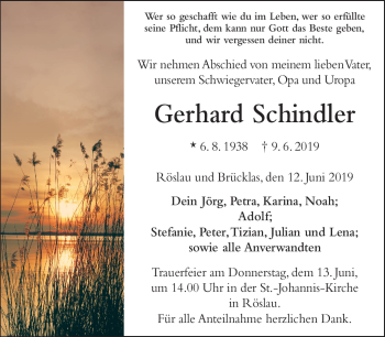 Traueranzeige von Gerhard Schindler von Frankenpost